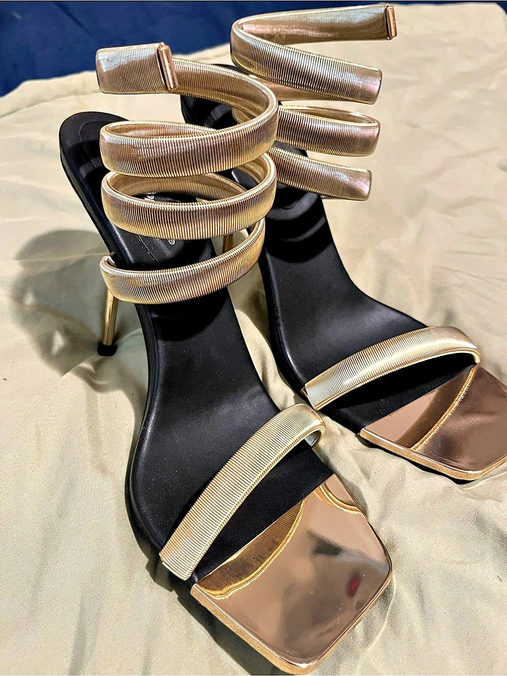 Public Desire | Gold & Black Spiral Strap Heels